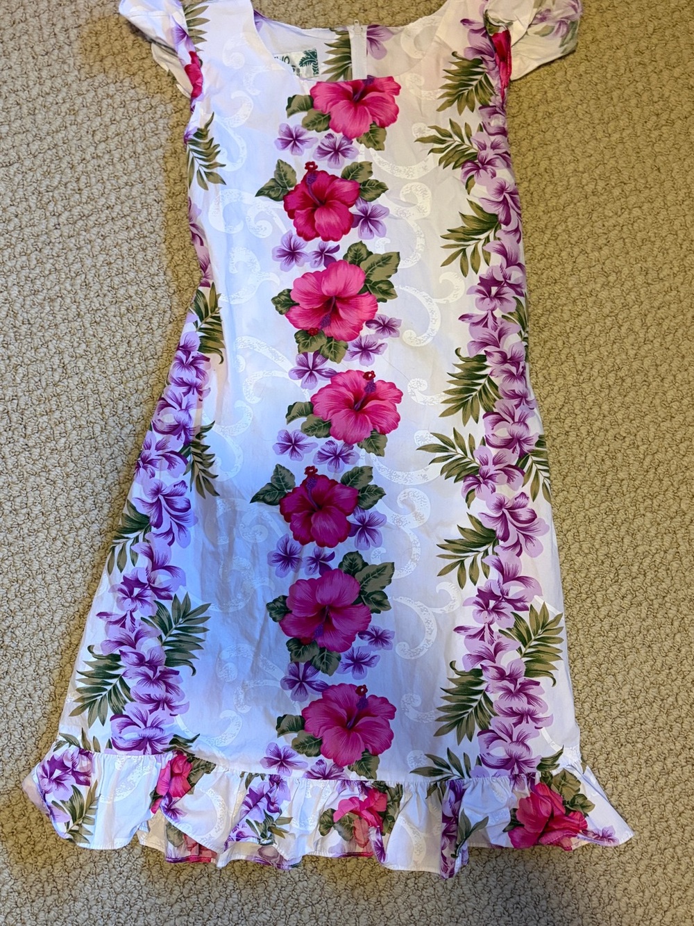 TWO PALMS White Pink Purple Hibiscus Floral Hawaiian Ruffled Dress Tiki Girls